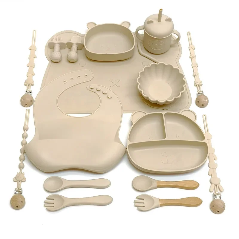

Набор посуды для кормления детей, силиконовая посуда с присосками, набор посуды с отсеком для кормления детей с защитой от падения