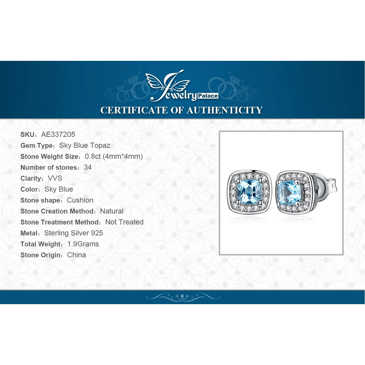 JewelryPalace Cushion Cut Naturalny błękitny topaz Kolczyki sztyfty ze srebra próby 925, dla kobiet Prezent — zdjęcie 7