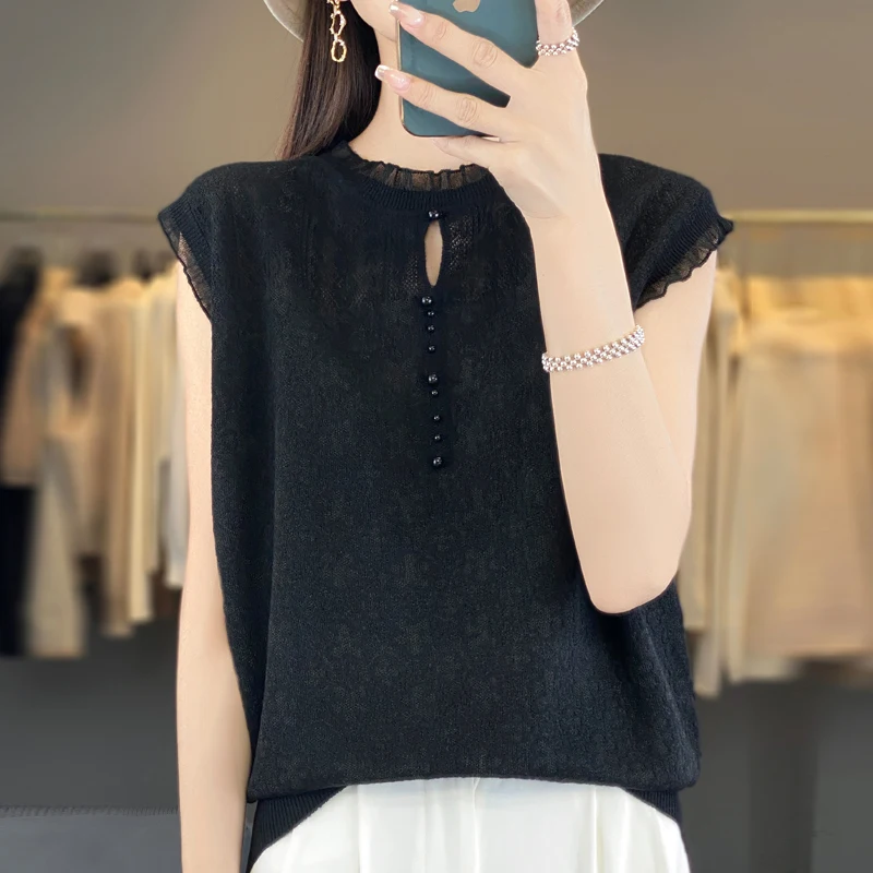 2024 New Ladies\' Worsted Wool Lace Flower Vest T-Shirt Summer Autumn Crew Neck Jacquard Jumper Short Sleeve Loose Fashion Knit