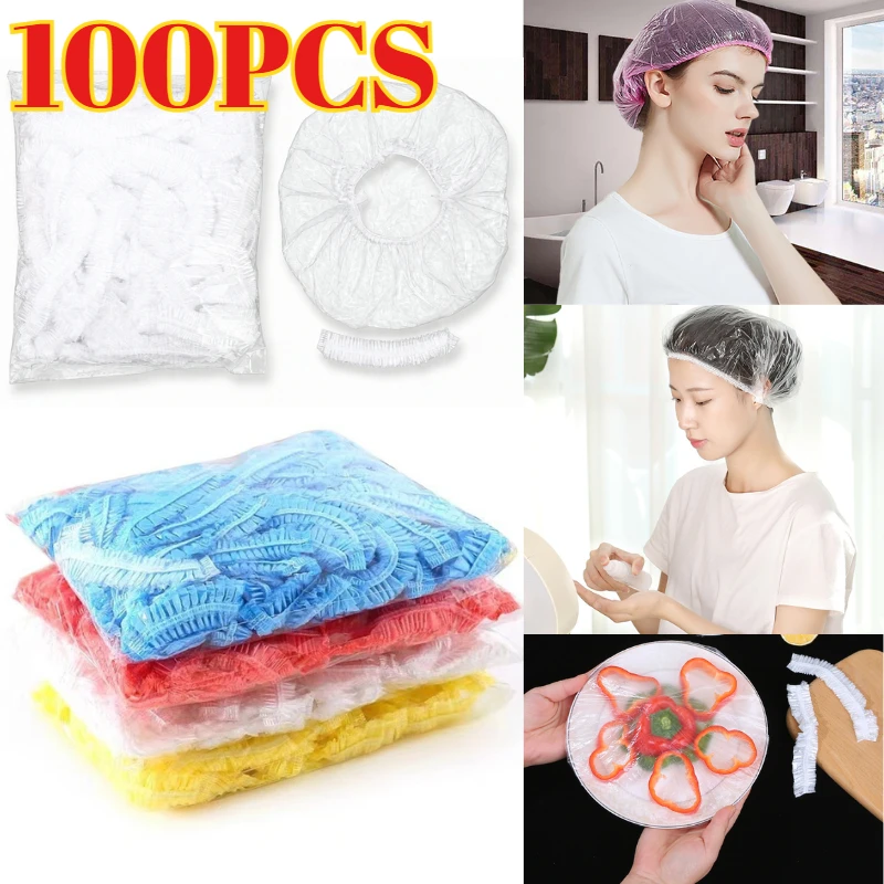 100pcs/set Disposable Shower Caps Plastic Waterproof Headgear Pink Spa Salon Hotel Hair Dye Women Elastic hair Cap Bathroom