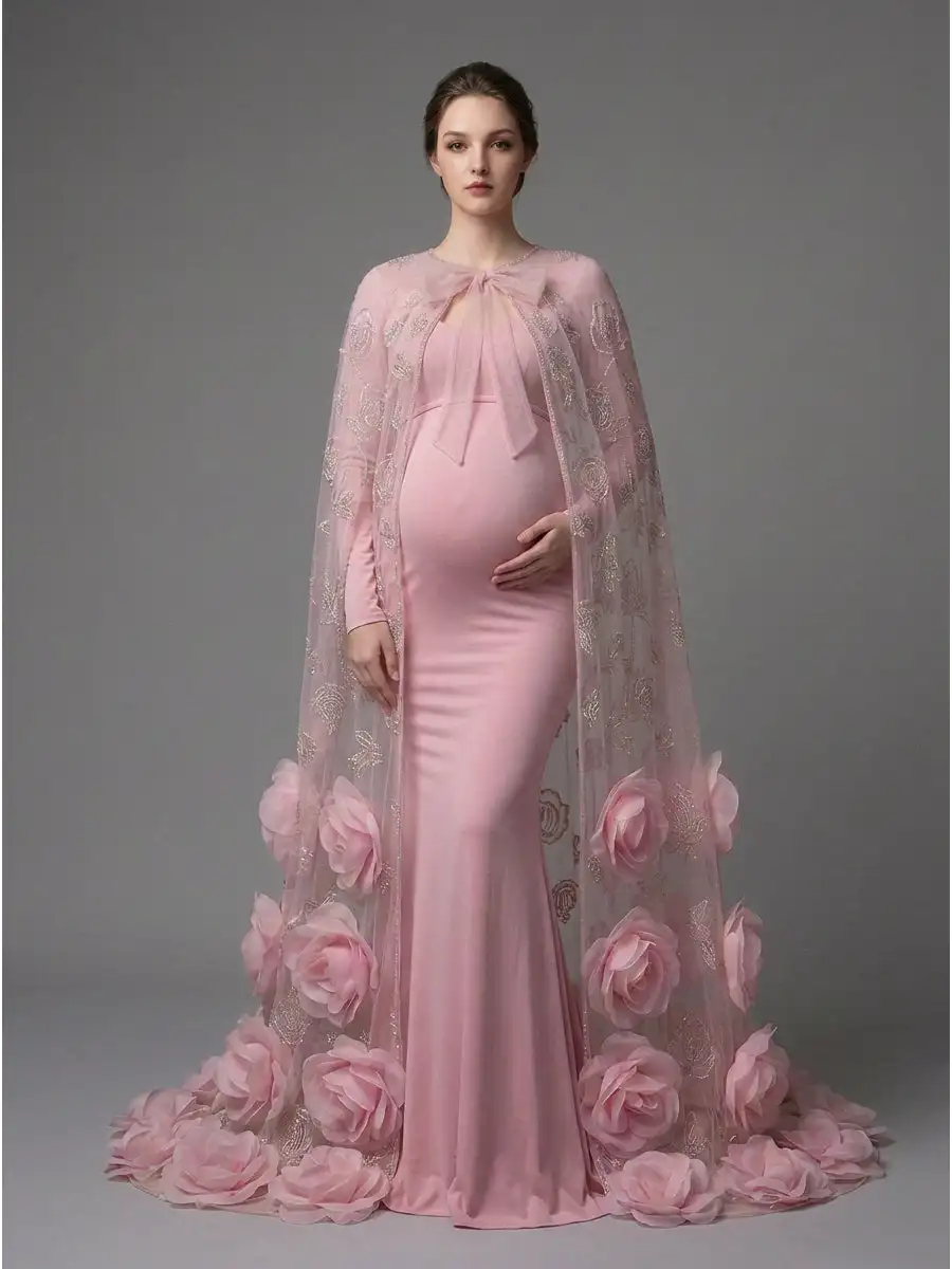 Maternity Gown with Flower Cape Pregnant Photoshoot Dress YD260726