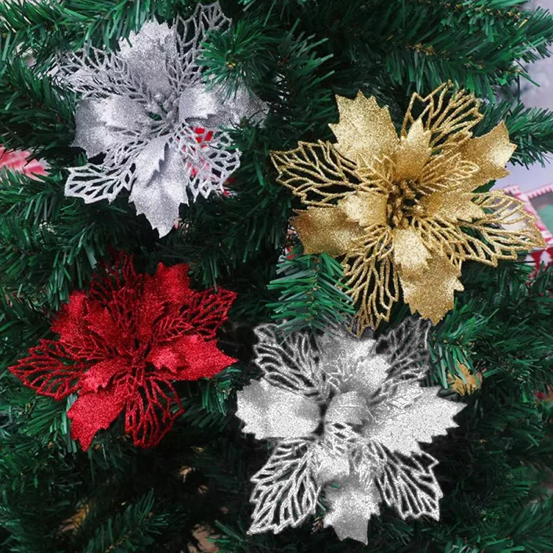 Christmas Glitter Artificial Flowers Christmas Tree Flower Hanging Ornaments Party Decoration Home New Year Decor