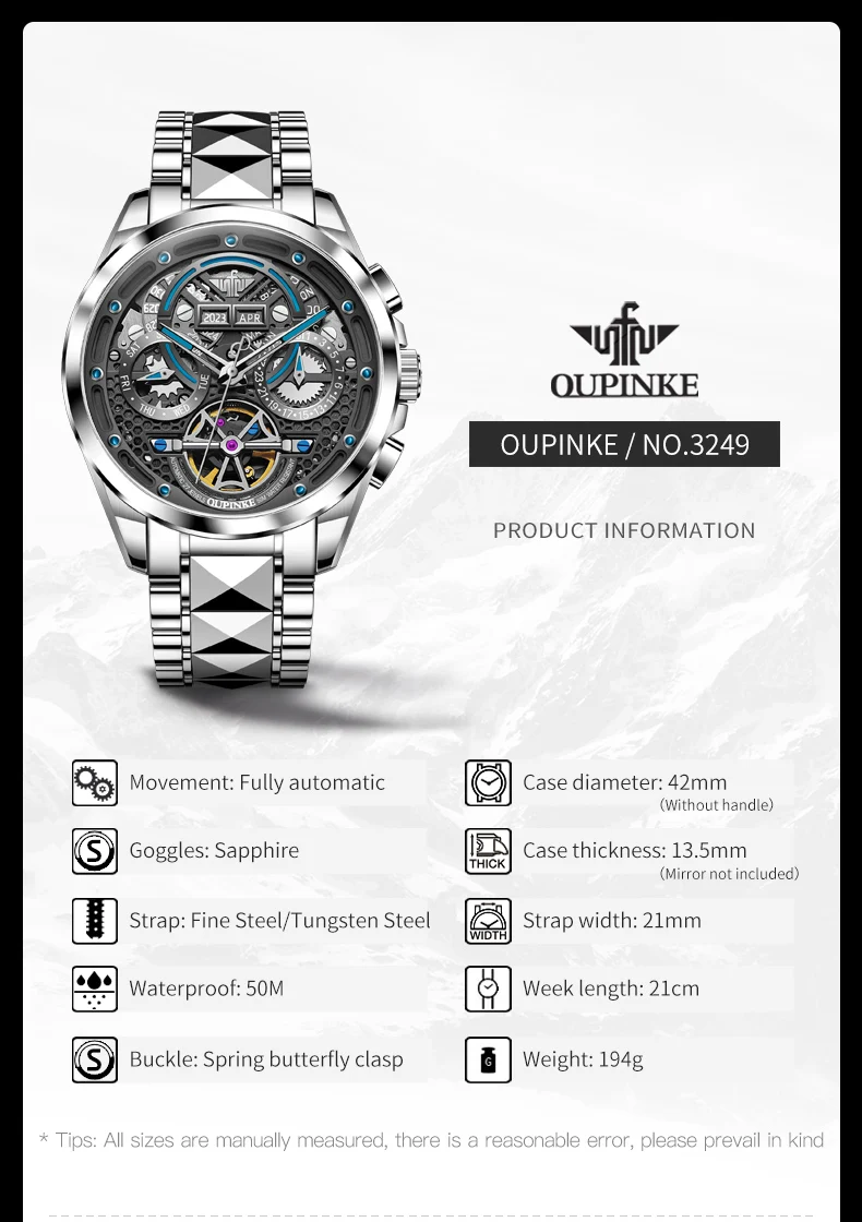 OUPINKE-reloj mecánico automático para hombre, cronógrafo de pulsera con esqueleto hueco, marca certificada suiza de lujo, a la moda