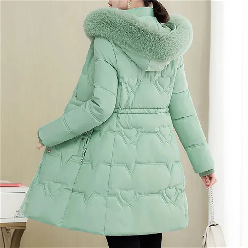 2023 Winter Parkas Women Cotton-Padded Jacket Women\'s Fur Collar Cotton Liner Jacket Slim Long Thick Coat Hooded Female Green