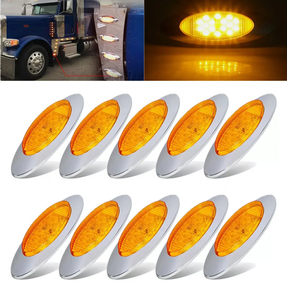 

10PCS Red Amber LED Side Lights Side Marker Clearance Lights 16LED Chrome Waterproof Truck Lights Indicator Lamp Accessories