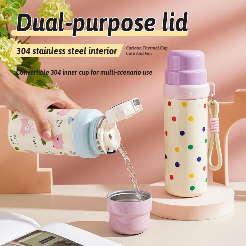 لطيف الكرتون SUS316 كوب حراري داخلي أوضاع شرب ثلاثية مانعة للتسرب مقبض محمول متعدد الطبقات العزل حواف ناعمة