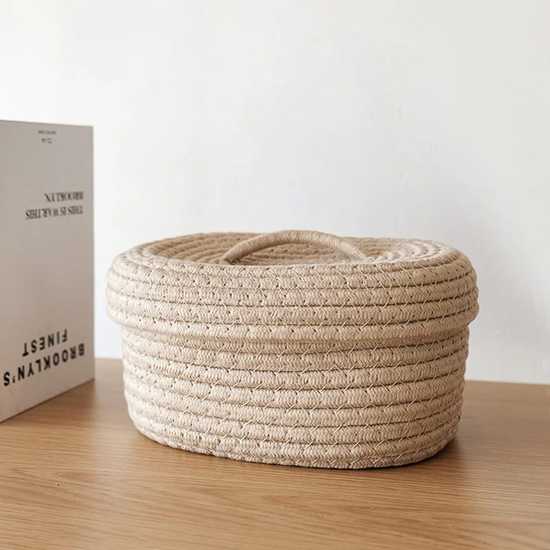 Cotton Knitting Storage Box Solid Color Oval Desktop Finishing Box with Lid Cosmetic Storage Basket