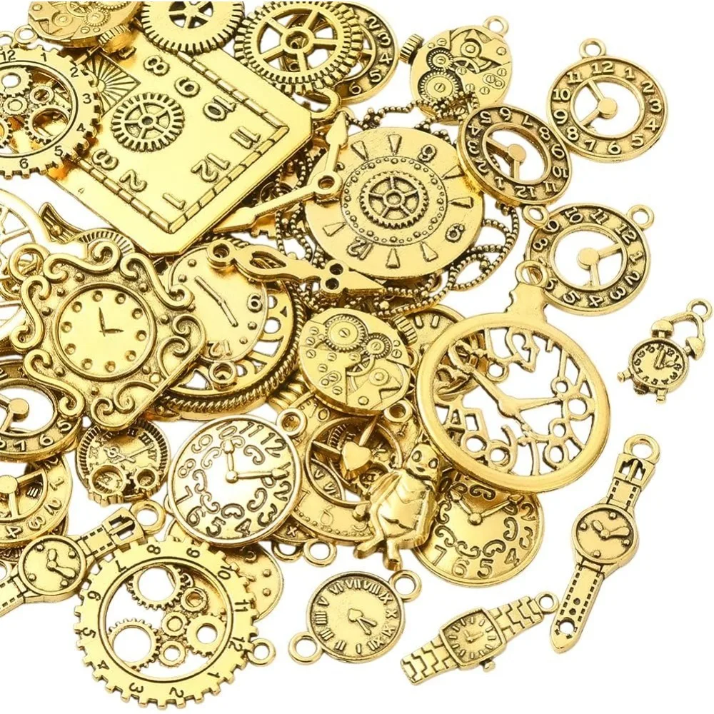 45Pcs Vintage Clock Charm Metal Charms Gold Retro Court Dangle Mixed Shaped Small Craft Alloy Pendants Findings