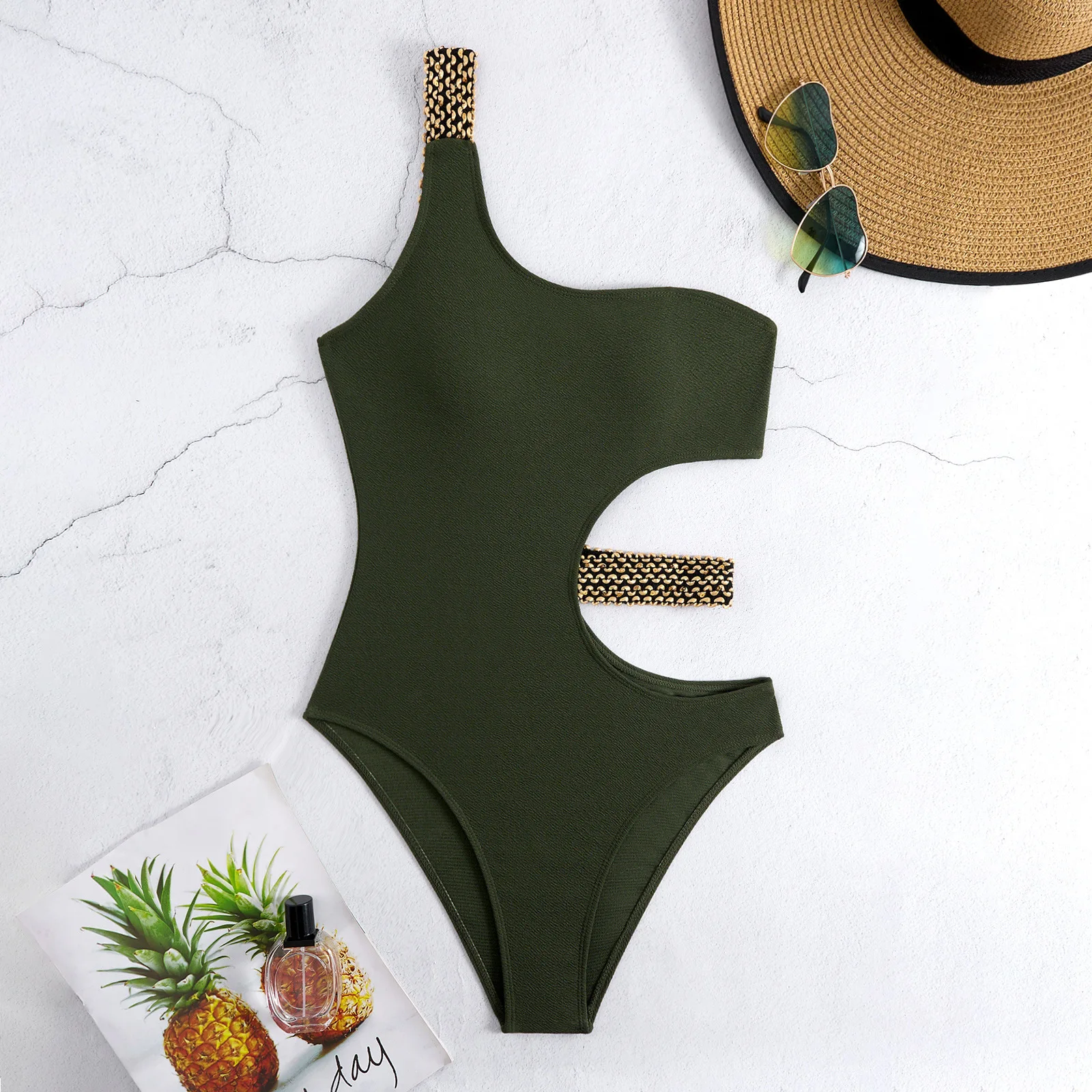 Women's Solid Color One-Piece Bikini Sexy Cut-Out Monokini Swimsuit High Waist Bathing Suit Summer Holiday One Shoulder Bodysuit