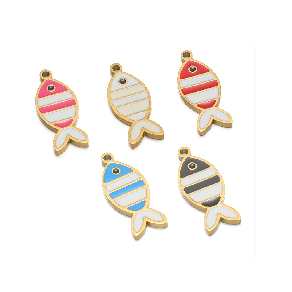 5 Stück Flache Emaille-Fischanhänger aus Edelstahl für DIY-Schmuck, Kinderanhänger, Damen-Halsketten, Kinder-Armbänder, Ohrringe – Detail 3