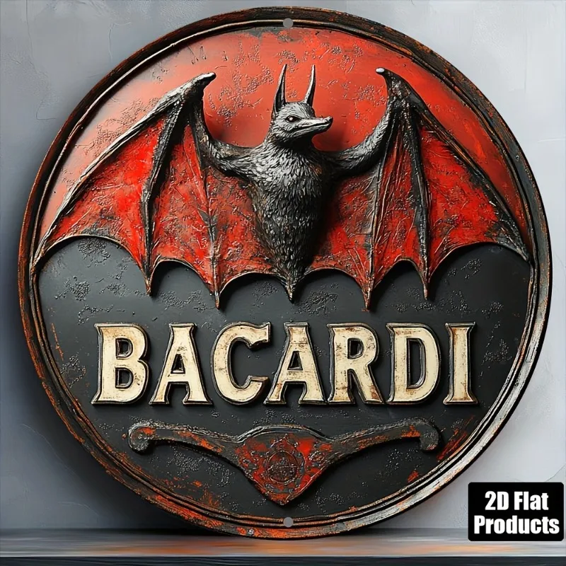 Bacardi Bat LogoTheme,Round Aluminum Metal Decorative PlaqueSign,Suitable for Bar Kitchen Coffee ShopHome Room Office Decoration