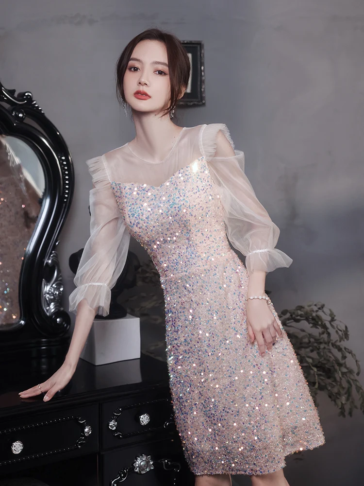 

iny Sequin Evening Dr Adult Pink High-End Lightweight Luxury Small Size Formal Par Host Fairy Aosphere Korean Sle ...