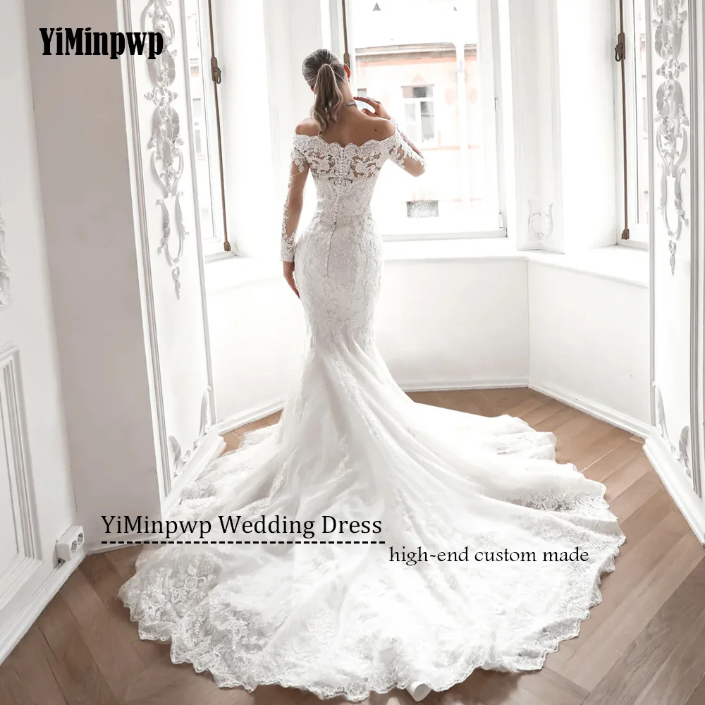 فساتين زفاف متألقة مكشوفة الكتف 2025 فاخرة بأكمام طويلة مزينة بقطار قابل للانفصال حورية البحر دانتيل فساتين العروس حسب الطلب