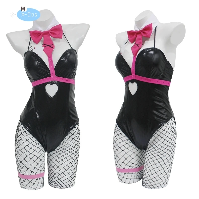 Miku Kaninchen Loch Cosplay Perücke Schwarz Patent Leder Bunny Girl Sexy Nette Halloween Cosplay Kostüme Kopfschmuck Kleidung Bögen Mädchen