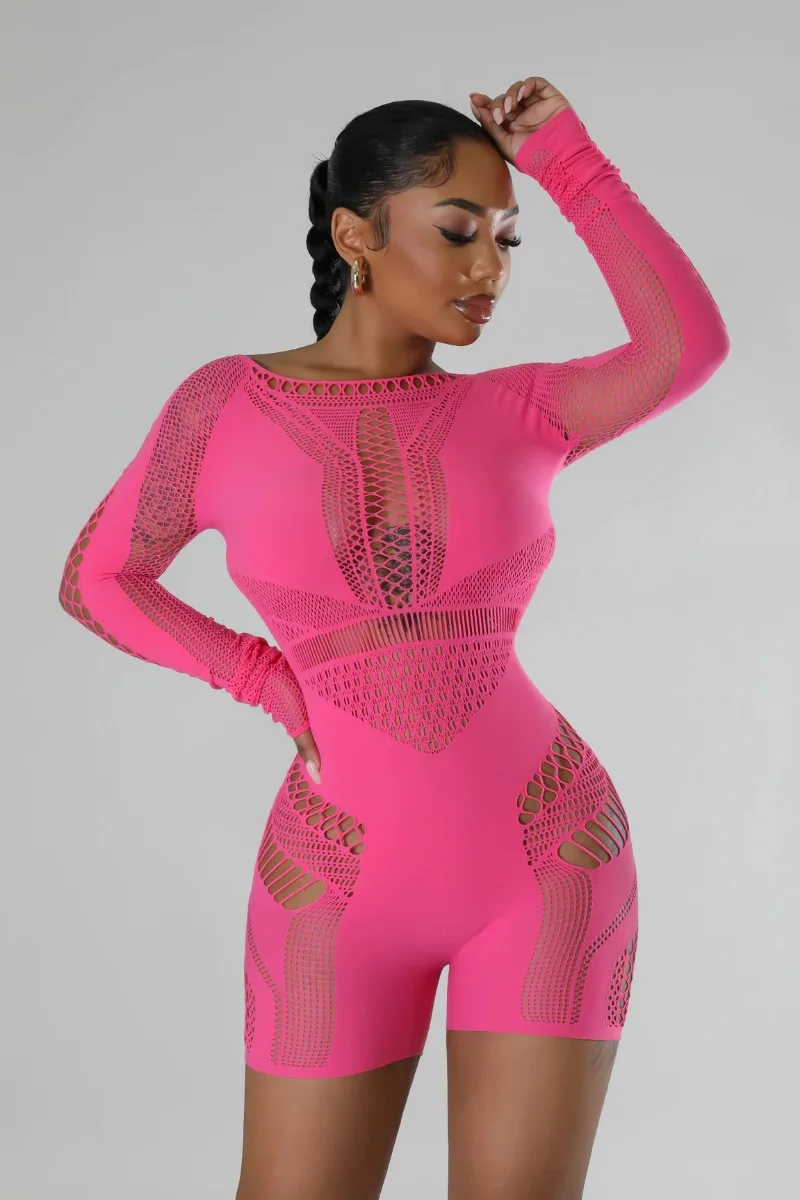 Hollow Out Mesh Knitted Playsuits Women Sexy Off Shoulder Long Sleeve Slim Skinny Rompers Fitness Overalls Party Clubwear Outfit