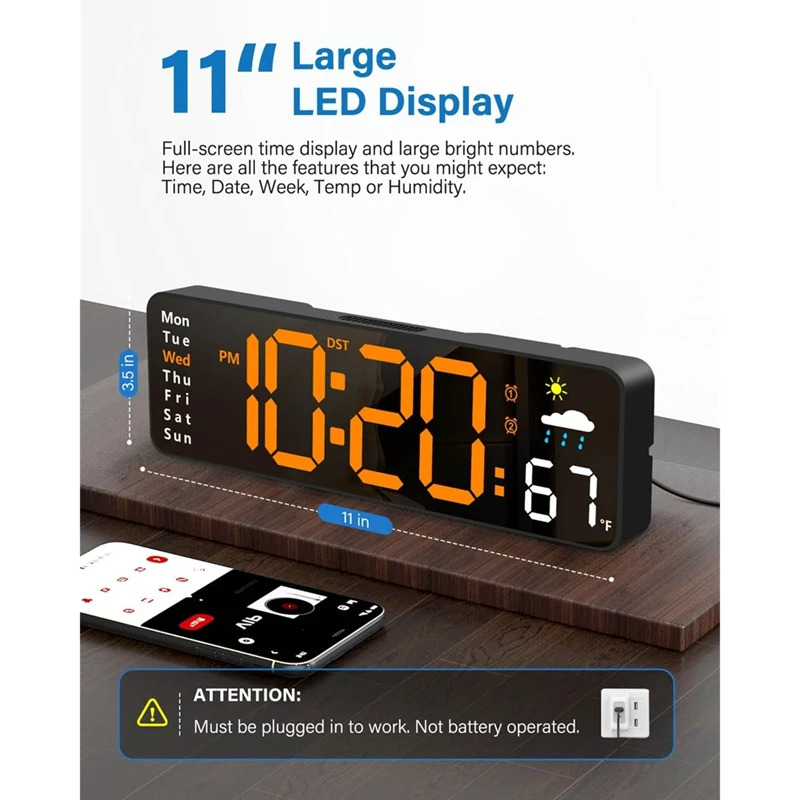 Digital Wall Clock, Digital Clock Large Display, Corded LED Alarm Clocks with Date,Week,Temp,Humidity,Auto ,Countdown-A69M