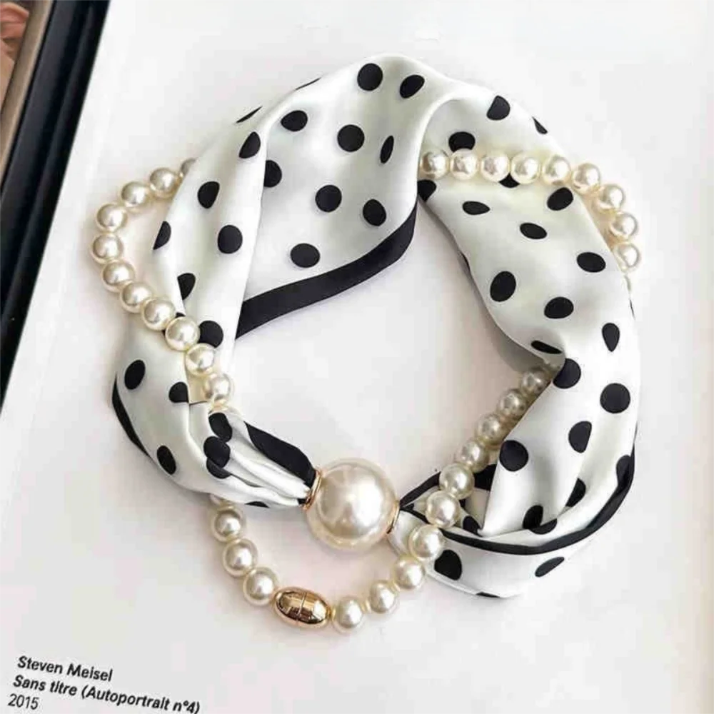 

Elegant Magnetic Buckle Neck Scarf Narrow Thin Satin Scarf Soft with Pearls Chain Necklace Neckerchief