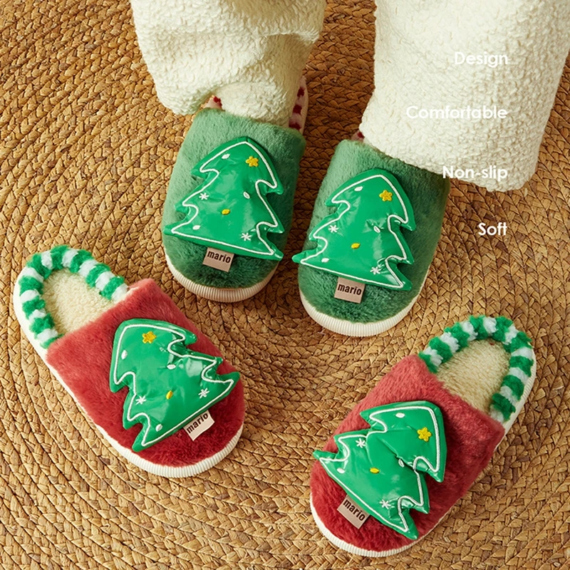 Suefunskry Kids Baby Winter Slippers Christmas Tree Fluffy Warm Plush Slippers Non Slip House Shoes for Toddlers Indoor Outdoor