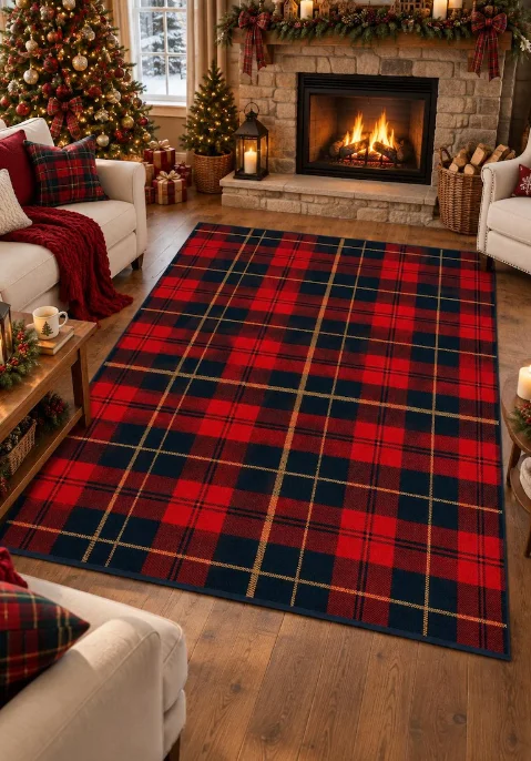 Christmas Tartan Plaid Rug, Red Black Check Area Rug, Traditional Holiday Decor, Farmhouse Washable Christmas Carpet