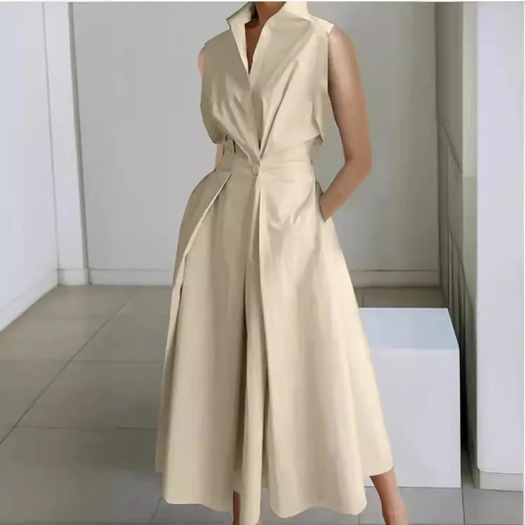 Sommerkleid für Damen, ärmellos, mit Knopfleiste vorne, Midikleid, einfarbig, mit gekerbtem Kragen, Polyester, langes A-Linien-Kleid