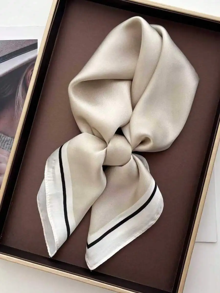 

Womens Satin Square Scarf With Striped Border Fashion Headband Shawl Neck Wrap For Beach Holiday