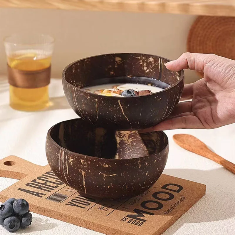 

Натуральные кокосовые миски для сервировки посуды, деревянные многоразовые миски, посуда, деревянная ложка, миски из натуральной скорлупы кокоса, кухонный обеденный набор