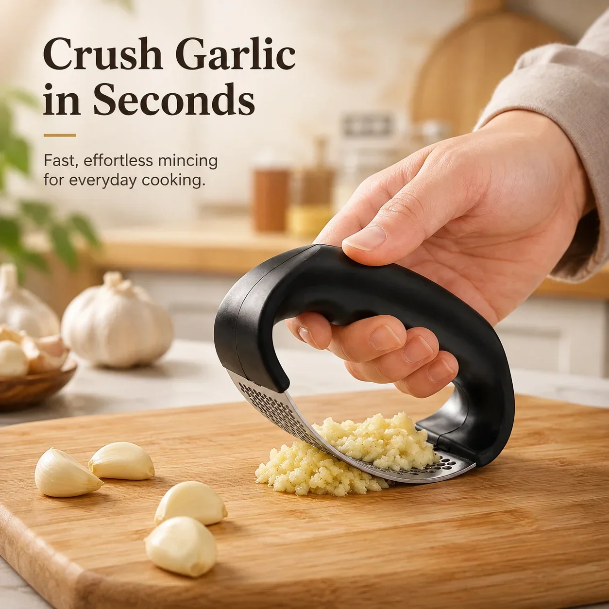 Garlic Press Rocker Stainless Steel, Ergonomic Manual Crusher for Garlic Ginger, Easy Clean Kitchen Gadget