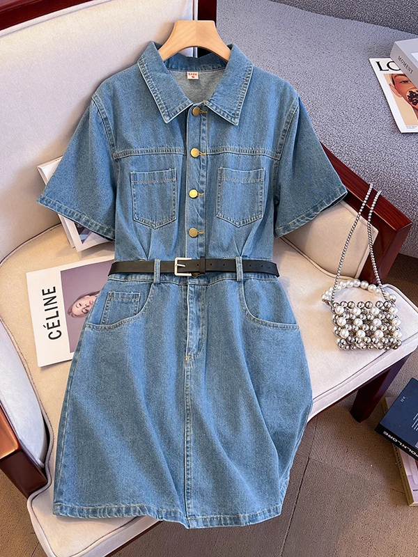 

Slimming Slim Fit High Waist Short Sleeve Denim Dress Women's Summer Thin High Waist Short Dress Hong Kong Style Retro Dress