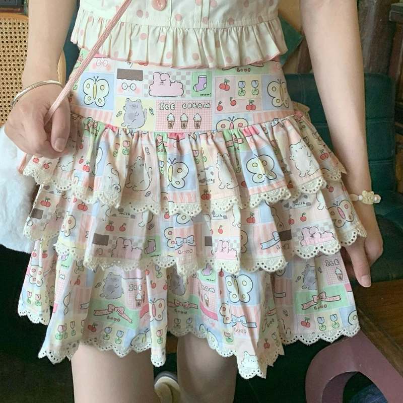 Sweet Lolita Style Cake gonna donna Kawaii cutton Butterfly Print gonne a pieghe Gothic Y2k Girls Short Fairy Party minigonne