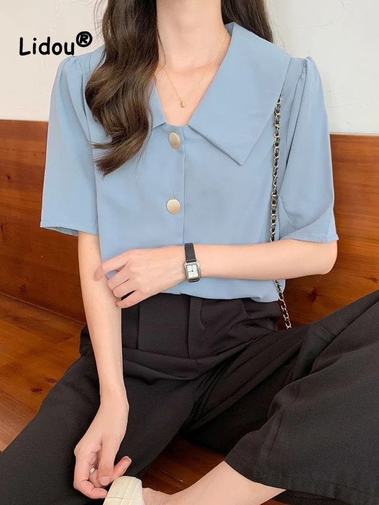 

Simple Office Lady Summer New Top Women Solid Color Three Button Short Sleeve Minority Design Fashionable Women's Clothing Shirt