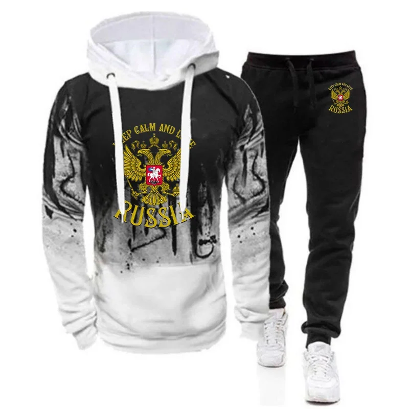 

Russia Badge Gold Eagle Print 2Pcs Suit Spring Autumn Men's Sweatshirt Set Splash Ink Hoodies+Tracksuit Pants Fitness Sportswear