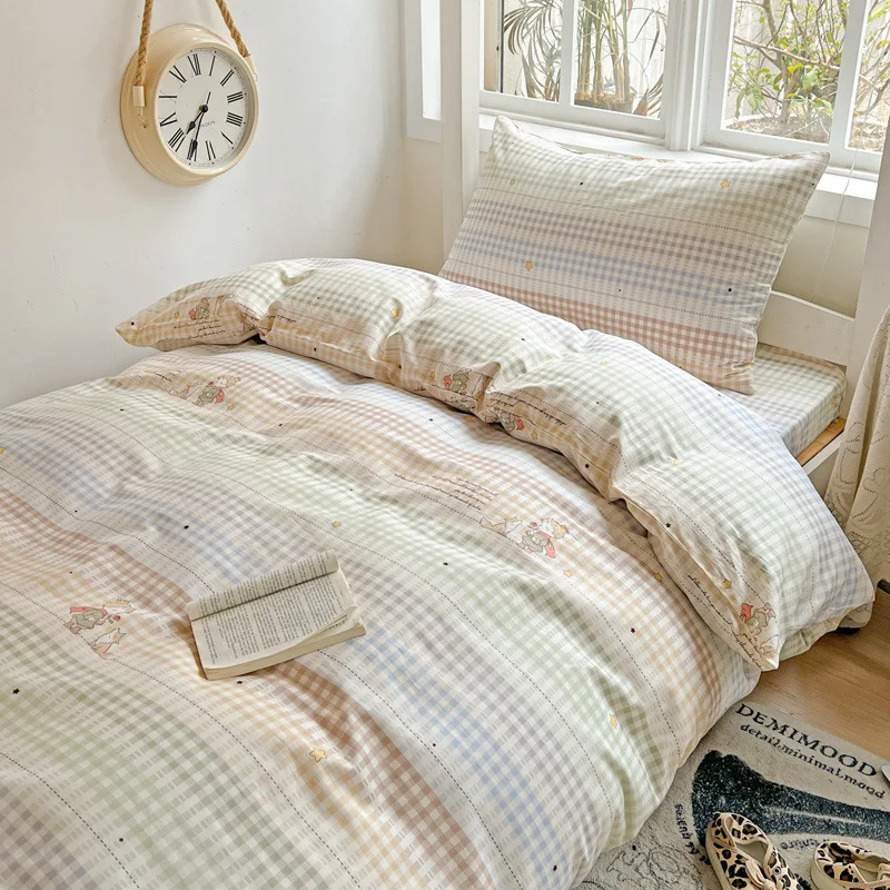 

100% Pure Cotton Grid Pattern Bedding Set Skin Friendly Bedsheet Duvet Cover 2 Pillowcases Double Bedclothes for Home Dormitory