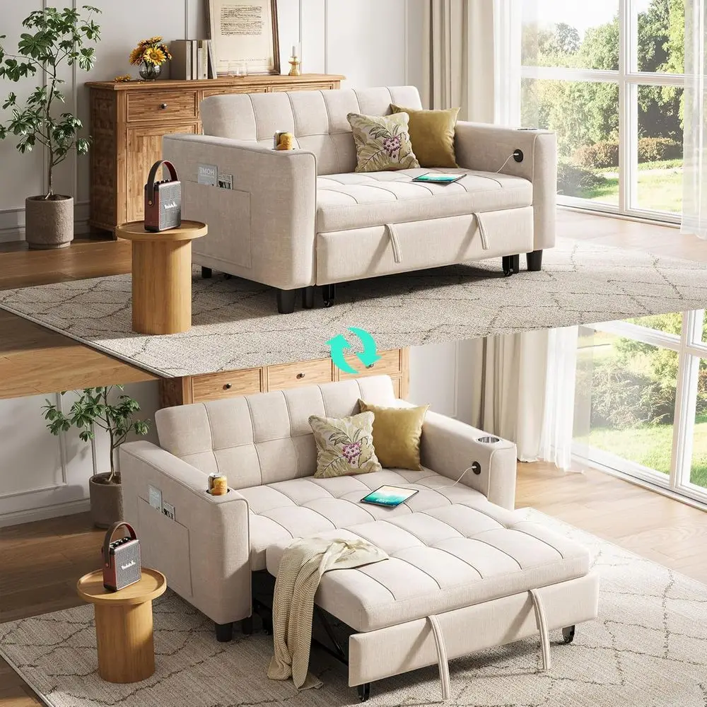 

54 Pull-Out Sofa Bed with Charging Station, Cup Holder, and 3-in-1 Convertible Couch for Small Spaces in Chenille Beige