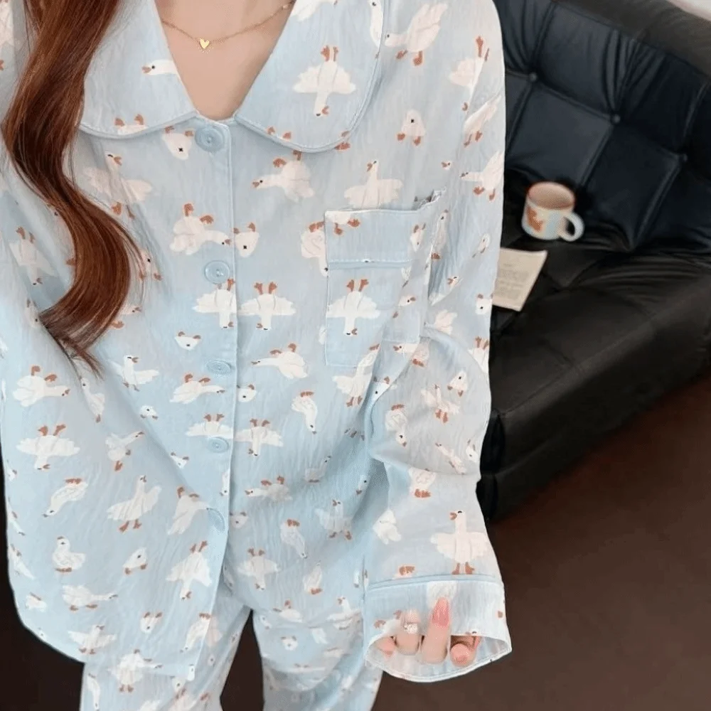 Langarm-Pyjama-Set für Damen mit Hund-, Hasen- und Blumenmuster, langes Schlafanzug-Set, Cartoon-Kirschen-Motiv, 2-teiliges Pyjama-Set für Studentinnen und Mädchen – Detail 9