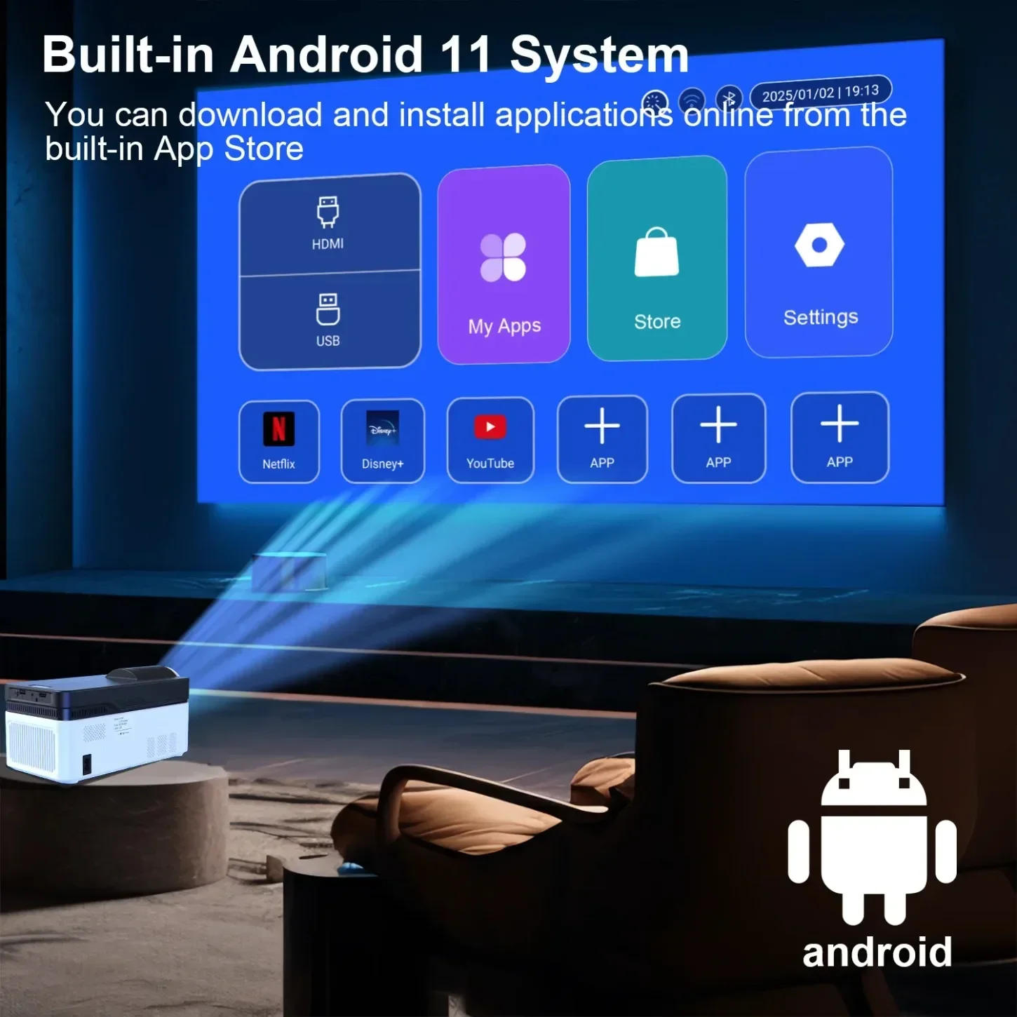 Projetor 900ANSI Android 11 8K 4K HY450 BT5.4 WiFi6 Ultra Short Throw Auto Offset Foco Eletrônico Projetor de Home Theater