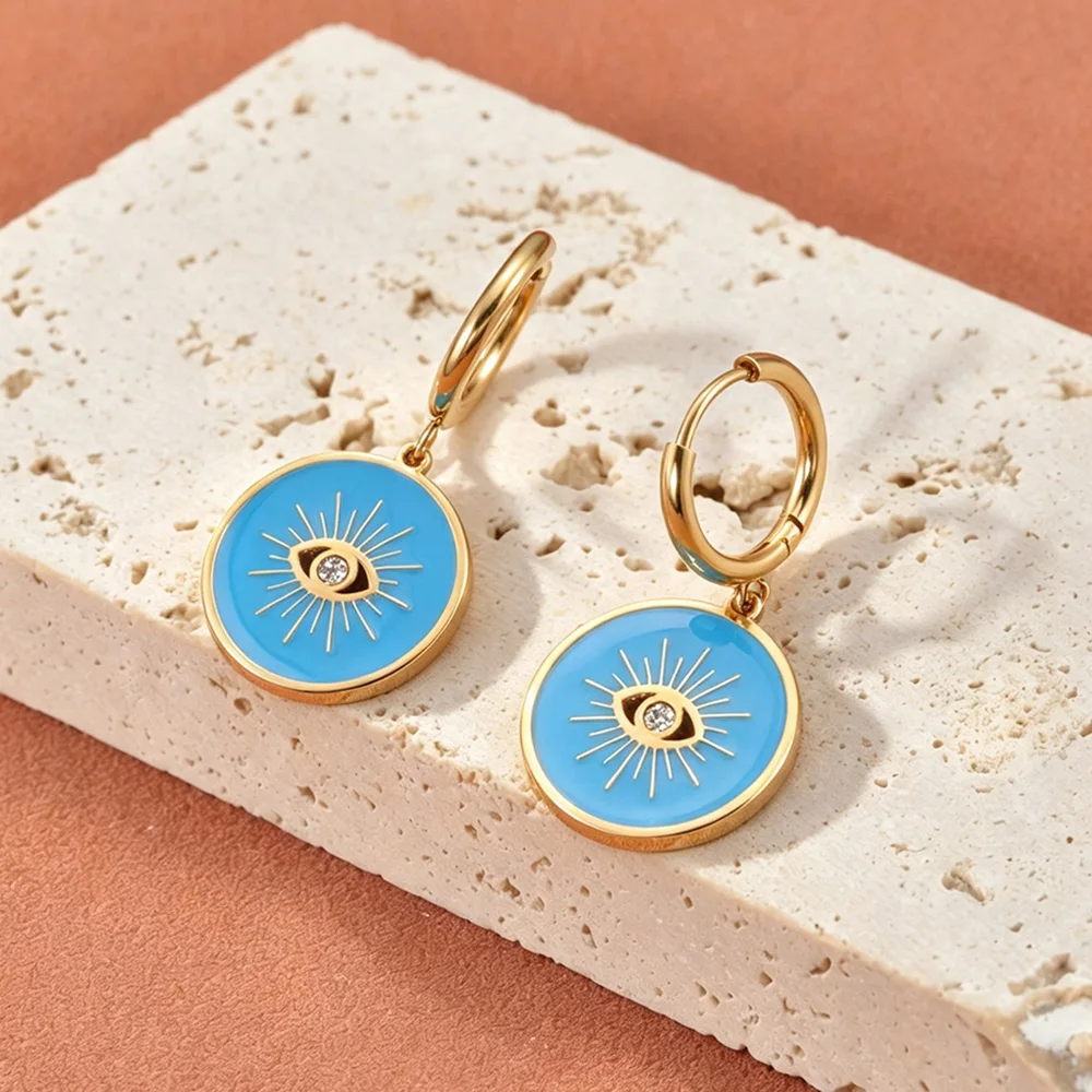 JeeMango Stainless Steel Blue Enamel Evil Eye Pendant Hoop Earrings Women Gold Plated Oil Drop Charm Waterproof Jewelry E26159 - view 6