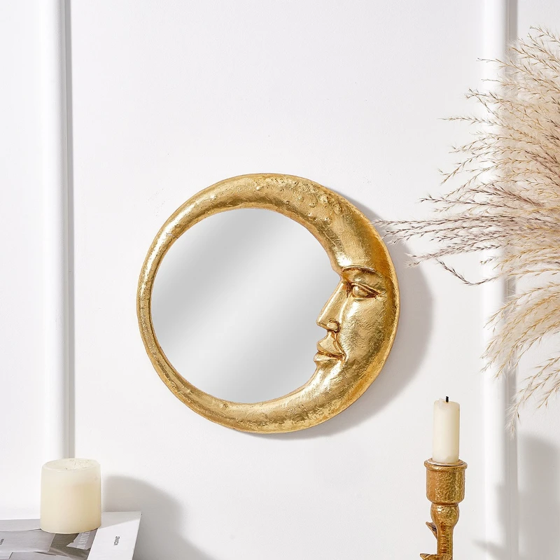 Mirror Decor 8.85 Inch,Round Vintage Boho Wall Mirror Gothic Half Moon Witch Wall Art for Home Bathroom Living Room Decoration