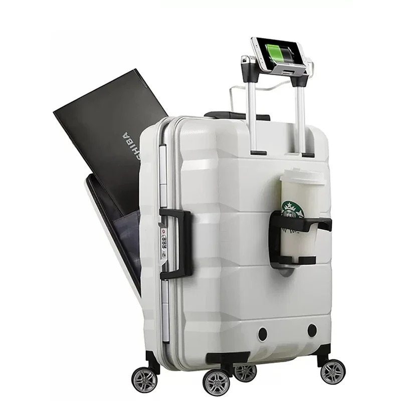 Travel Trolley Suitcase 20 Inches Front Computer Luggage Rolling Hard Shell Spinner With Mobile Cup Holder USB Charging PP Hook