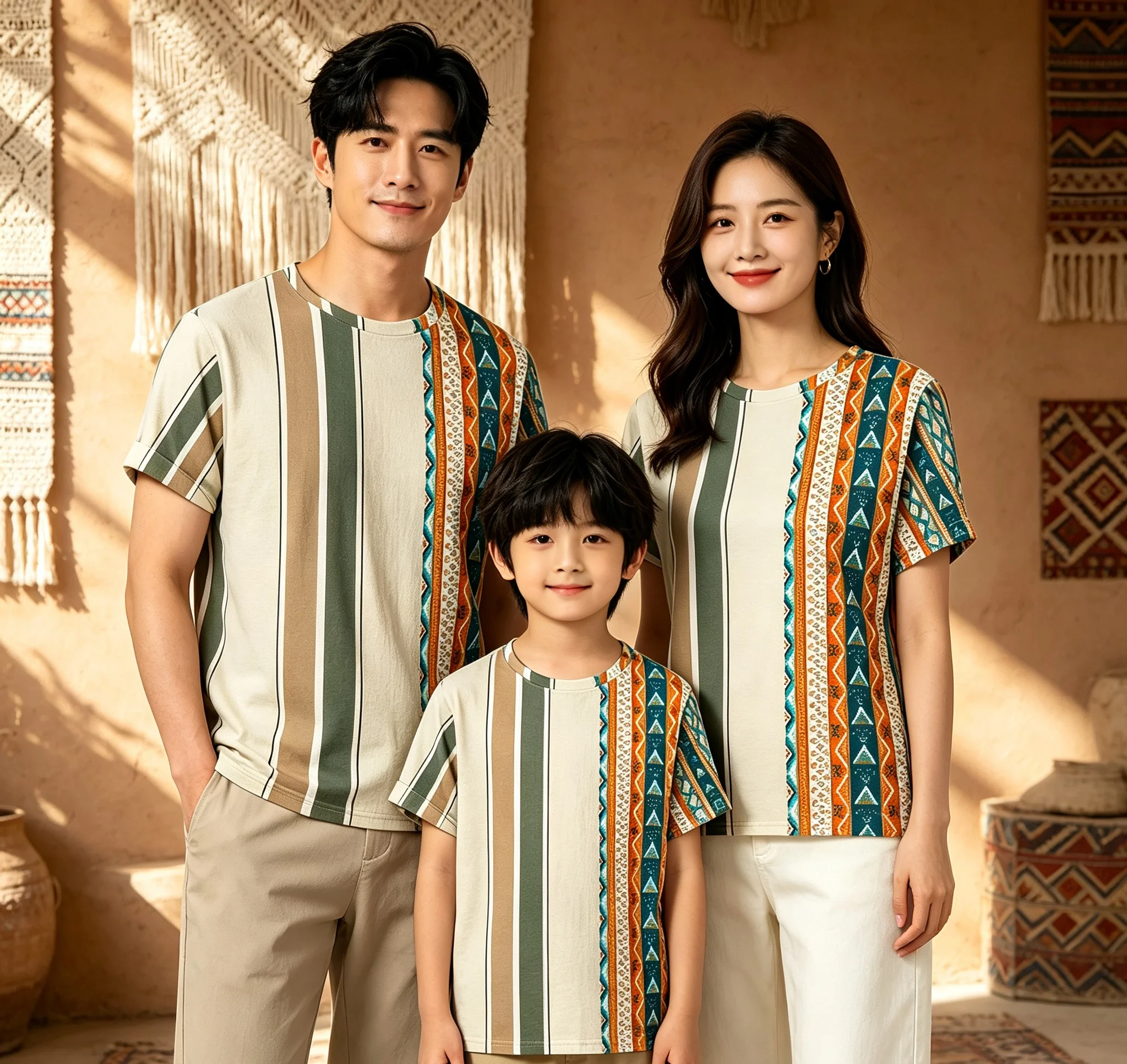 2026 Family Matching Ethnic Geometric Stripe T-Shirts Boho Tribal Print Short Sleeve Casual Tops for Mom Dad Kids