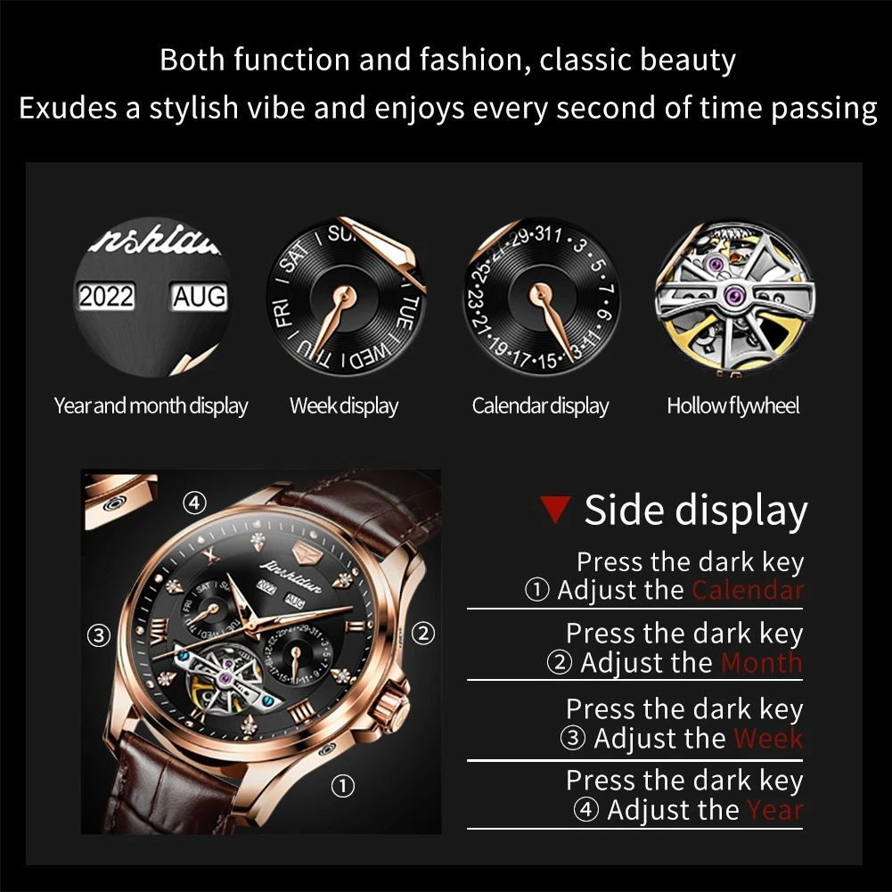 JSDUN 8926 Business Mechanical Watch Gift Round-dial Genuine Leather Watchband Wristwatch