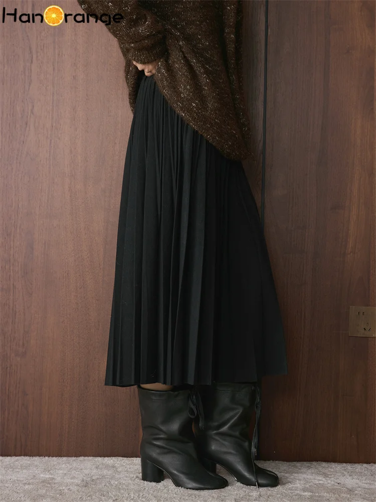 Rok Panjang Wanita HanOrange 2025 Musim Dingin Retro High Waist Model Lipit Longgar A-line Hitam/Abu-abu Tua/Cokelat