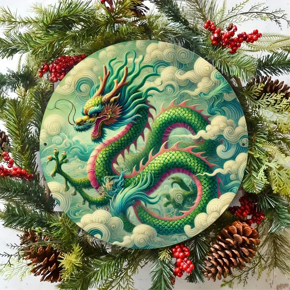 فن معدني التنين الأخضر الأسطوري المهيب - ديكور جدار حديدي دائري للمنزل وغرفة الألعاب