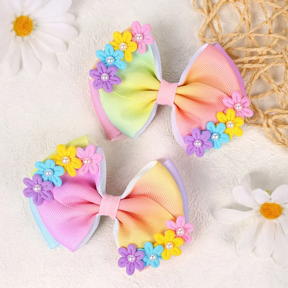 2Pcs Colorful Hair Flower Clips Cute Pearl Barrettes Headwear Sweet Floral Hairpins For Kids Fashion Party Hair Accessories