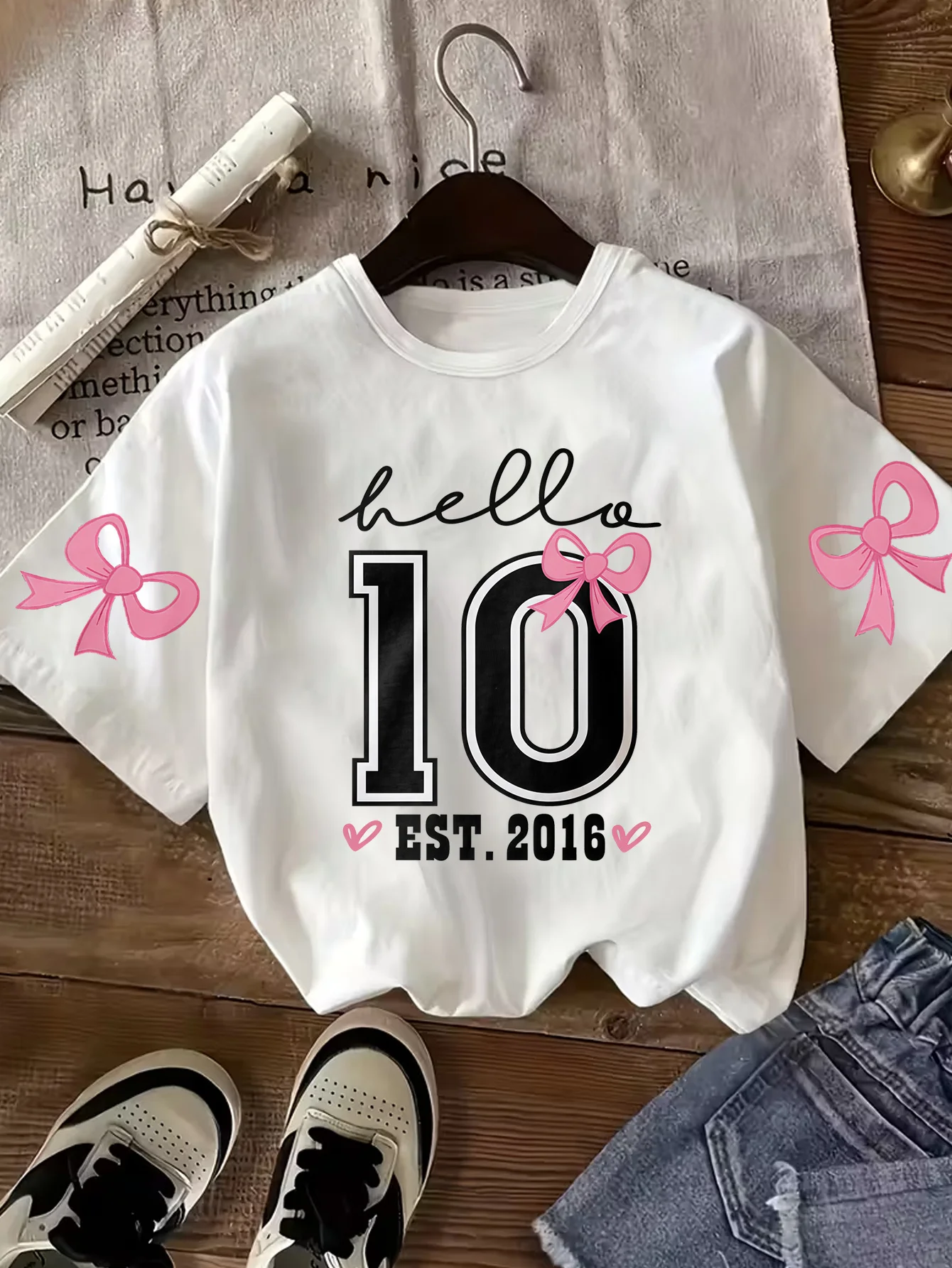 Hello 10 EST.2016 Children's Birthday T-shirt Pink Bow 10th Birthday Gift Children's Casual Short Sleeved Top