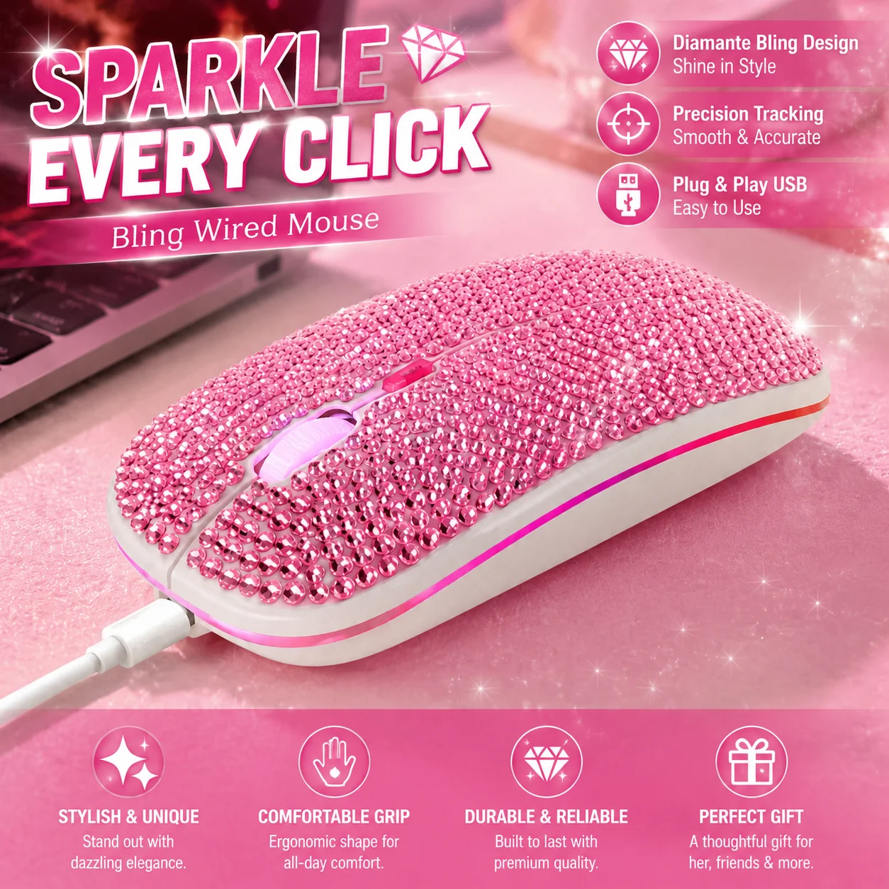 Wireless Dual-Mode Rechargeable Crystal Rhinestone Optical Mouse Office Silent Click Ergonomic Mouse For Gril/Gift For PC Laptop