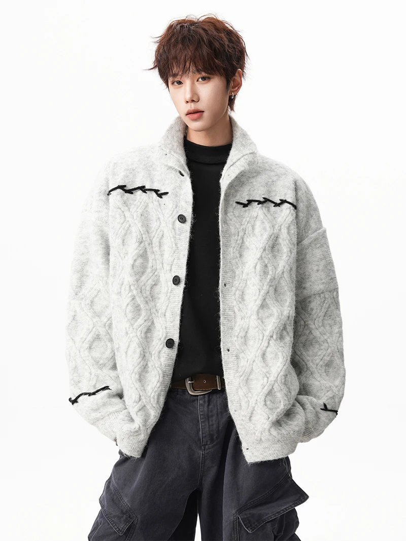 الخريف الشتاء خمر الماس نمط تصميم بدوره إلى أسفل طوق رمادي فاتح سترة الرجال فضفاضة سميكة عادية سترة مشغولة من الصوف #4