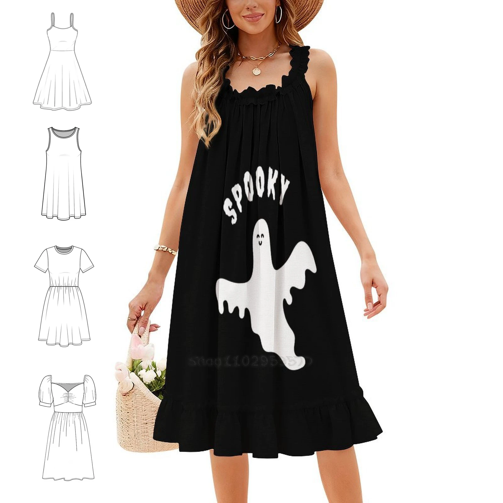 Spooky White Ghost Bohemian Sleeveless Dress For Women Print Beach Party Dresses Ghost Halloween Spooky Cute Ghosts Female