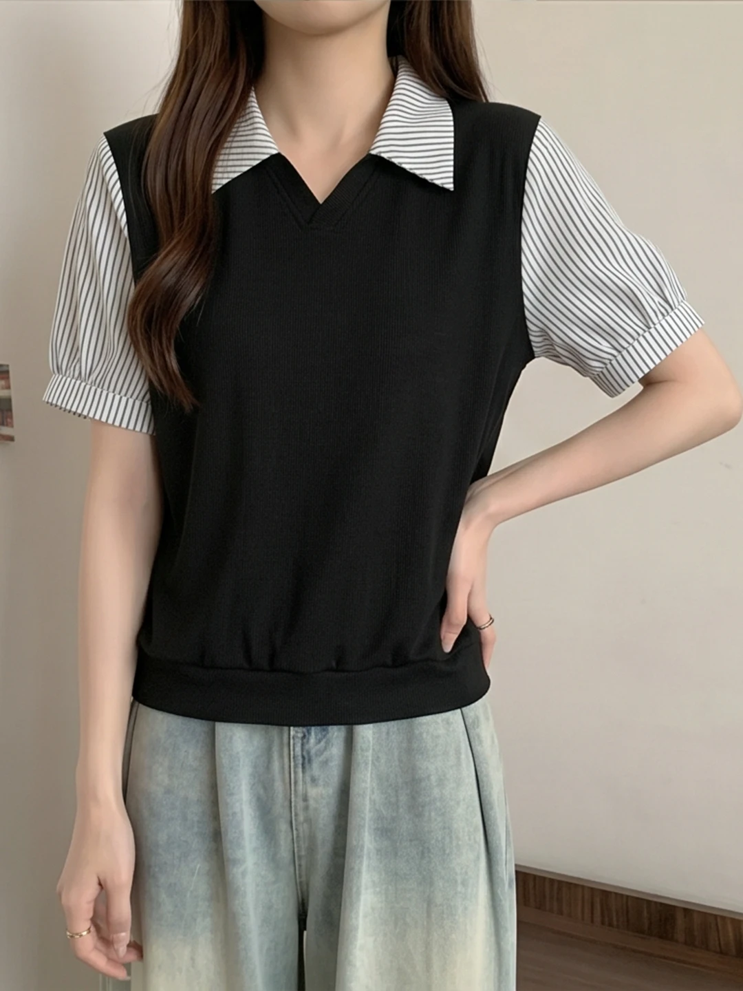 

Slimming Striped Patchwork Short Sleeve Shirt Women's Loose Fit Korean Style Casual Top Summer New Arrival plus Size