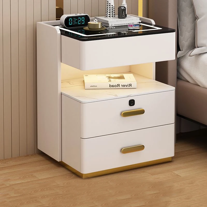 Modern Wooden Smart Bedside Table with Led Wireless Charging Speakers 3 Drawer Bedroom Beige Elegant Floating Design Hot Selling