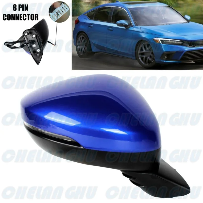 For Honda US Version Civic 2022 2023 Right Side 8 Pins Blue Painted Blind Spot Power Adjust Power Fold Turn Lamp Mirror Assembly